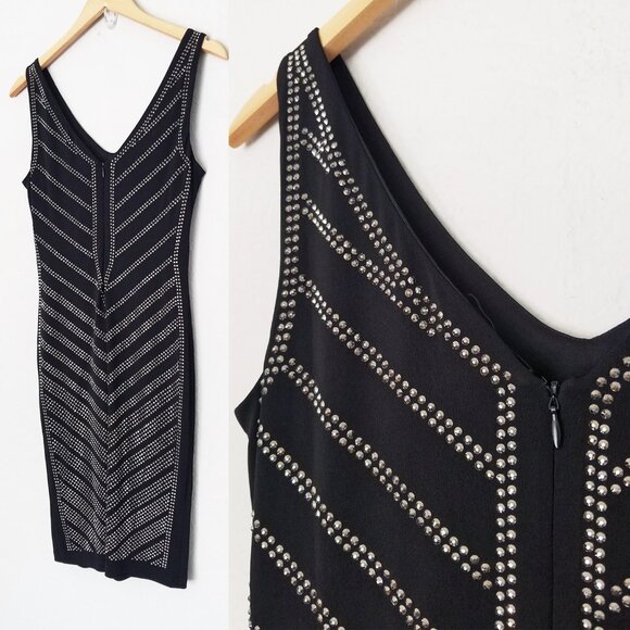 Carmen Marc Valvo Black Sparkly Rhinestone Stud Bodycon Dress S $118 Stretchy - Picture 3 of 13